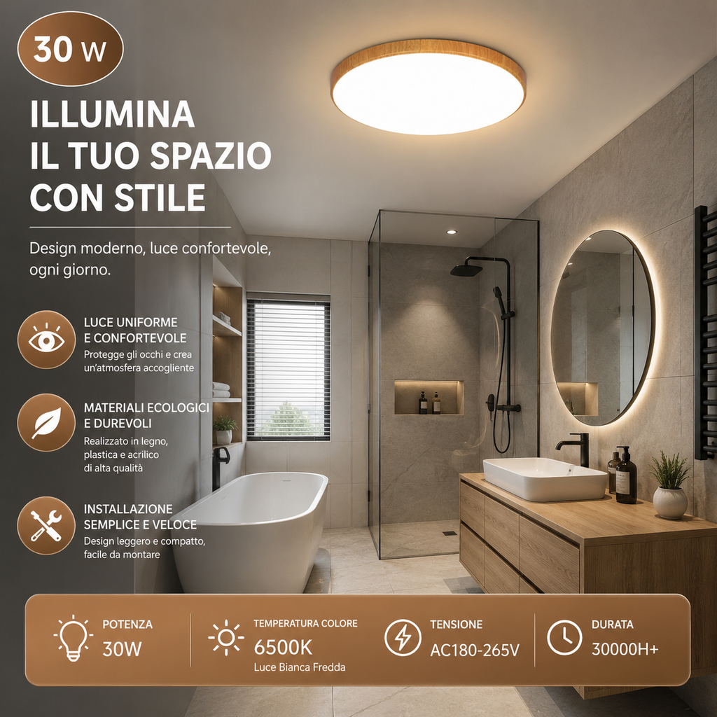 Novoora – Plafoniera LED Circolare Effetto Legno Noce